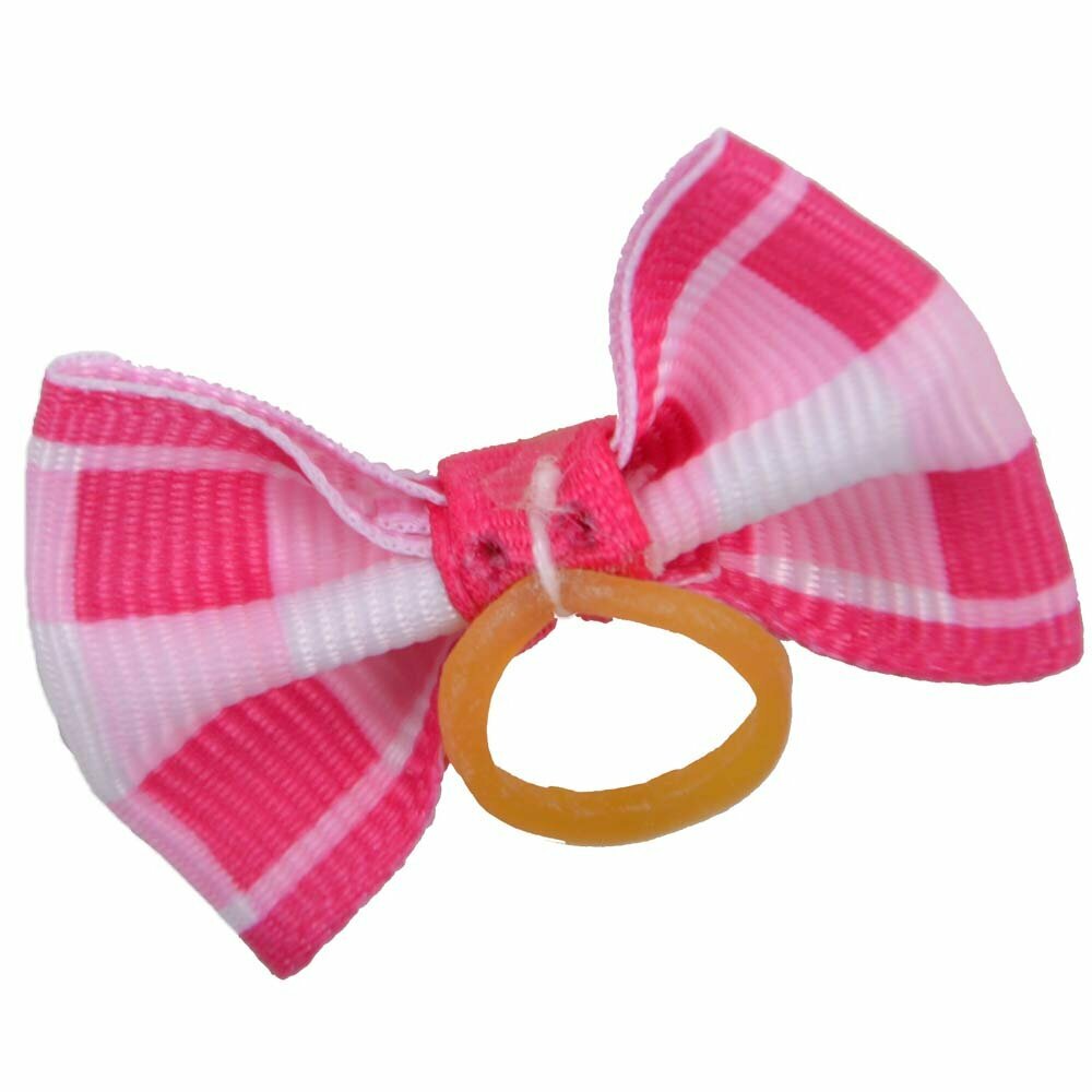 Dog bow with rubber ring - dark pink checkered with stone by GogiPet