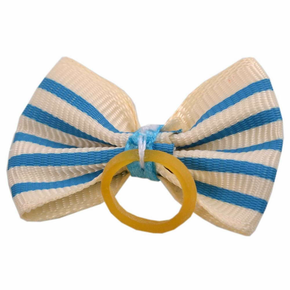 Hair bow with rubber band white with blue stripes by GogiPet