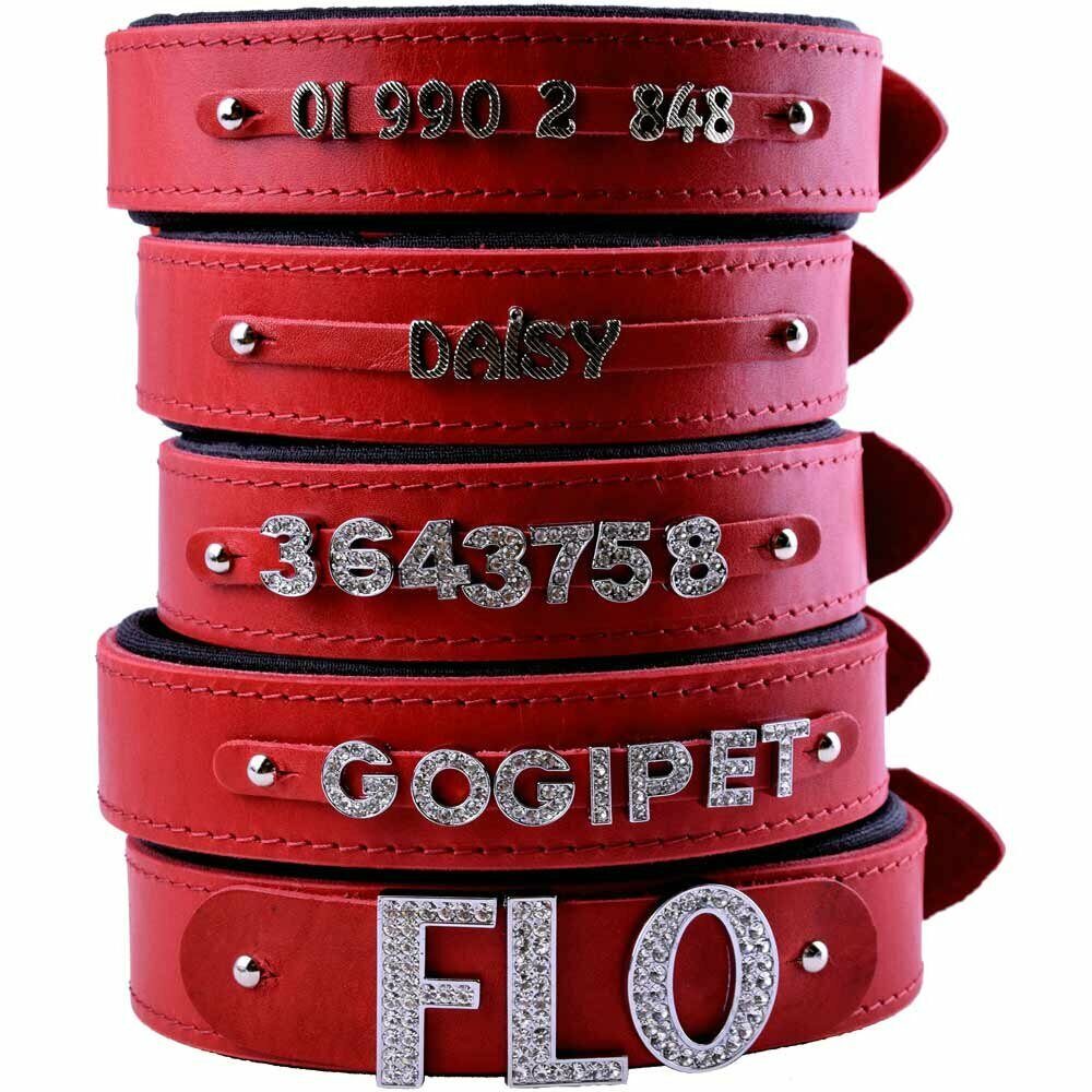 GogiPet® real leather name collar red 60 cm with adapter
