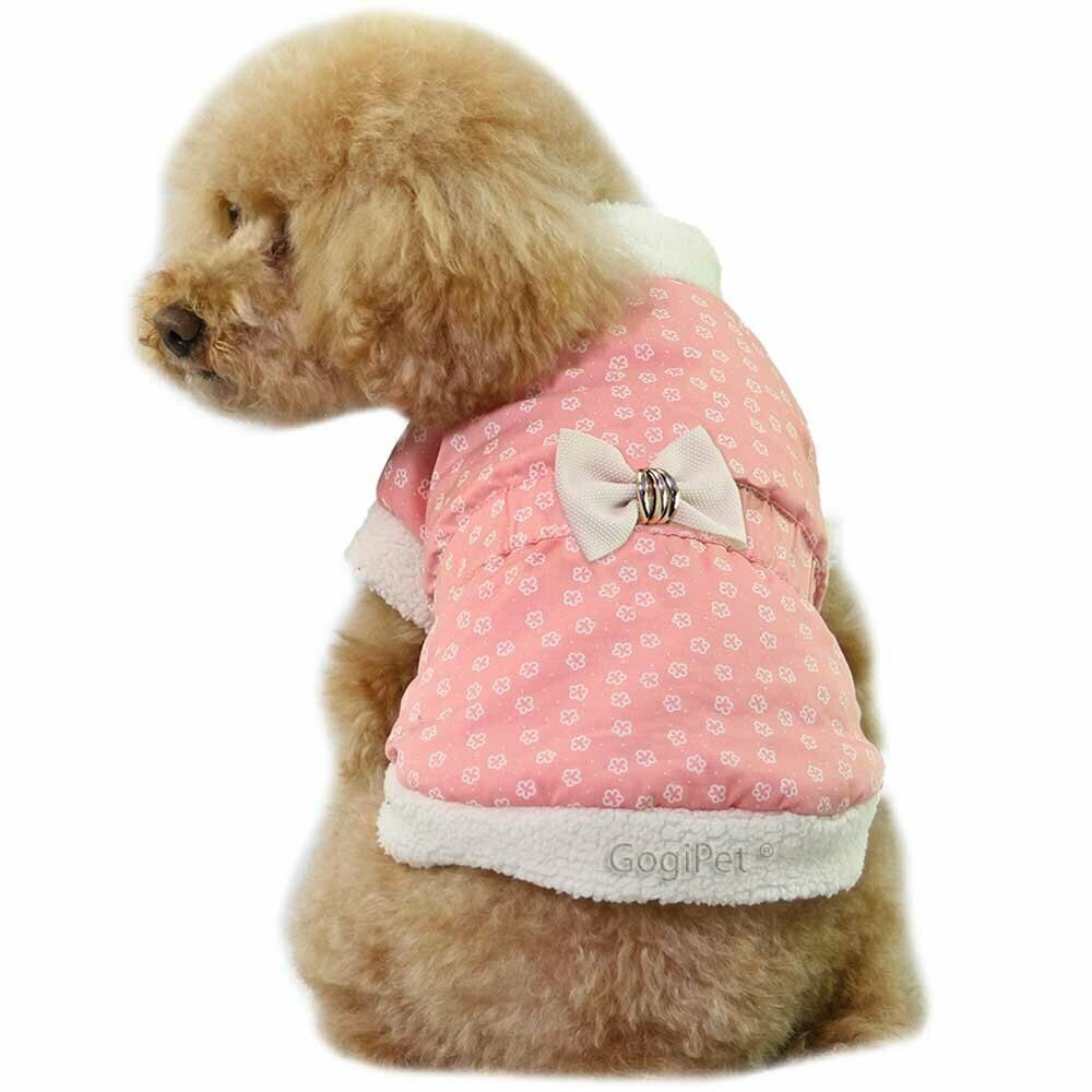 Warm dog coat pink with flowers, polka dots and bow
