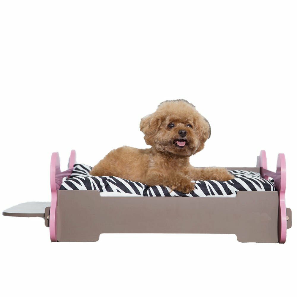 Wooden bed for dogs with pink feet in bone shape