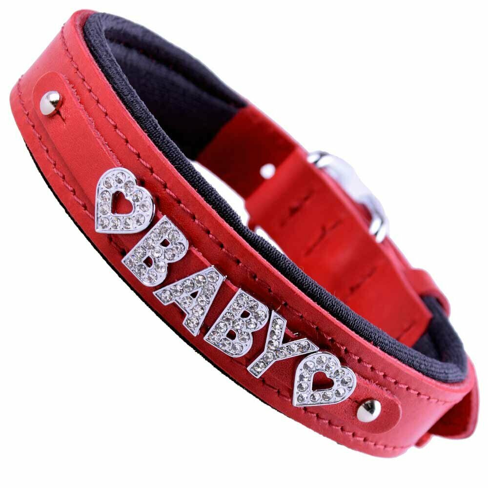 Name collar with rhinestone letters in red leather