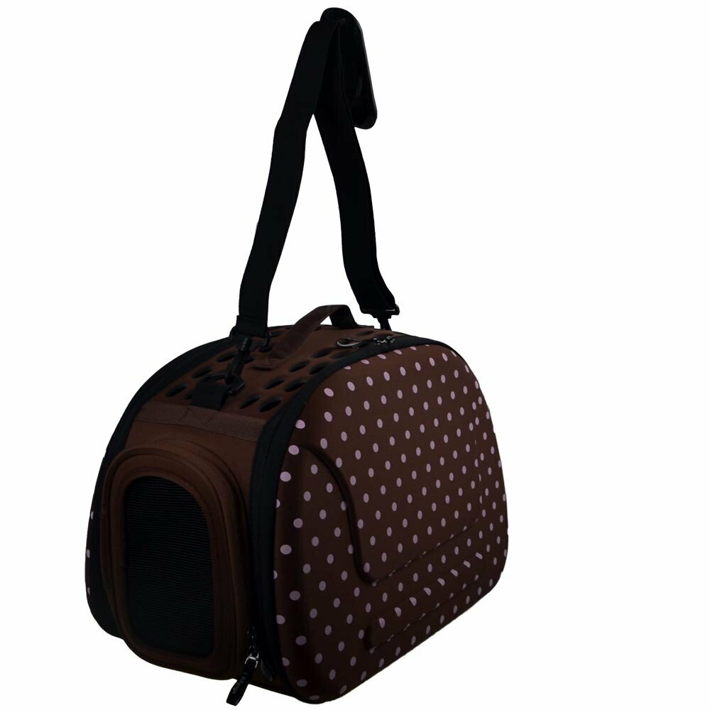 Shoulder bag for pets brown with pink dots