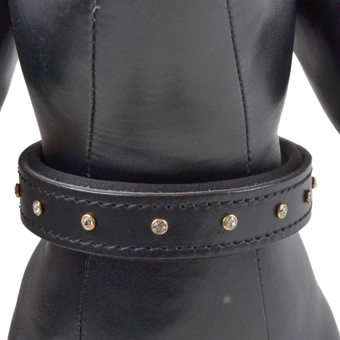 Black genuine leather dog collar with Swarovski stones