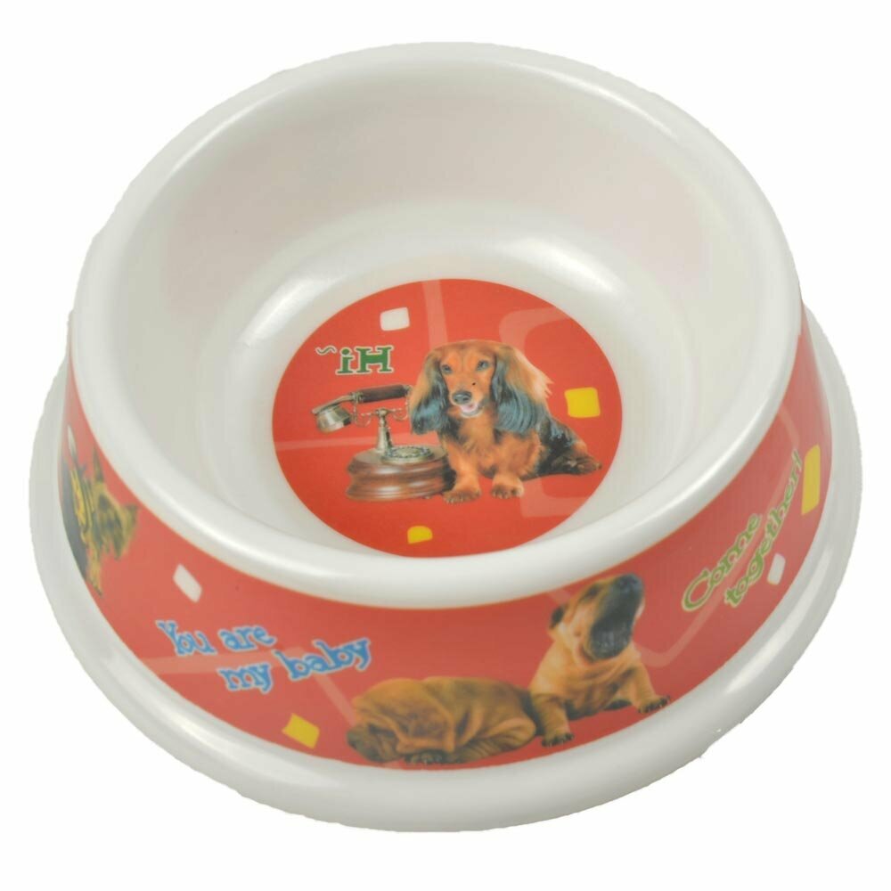 Red feeding bowl 0.3 liters with dogs